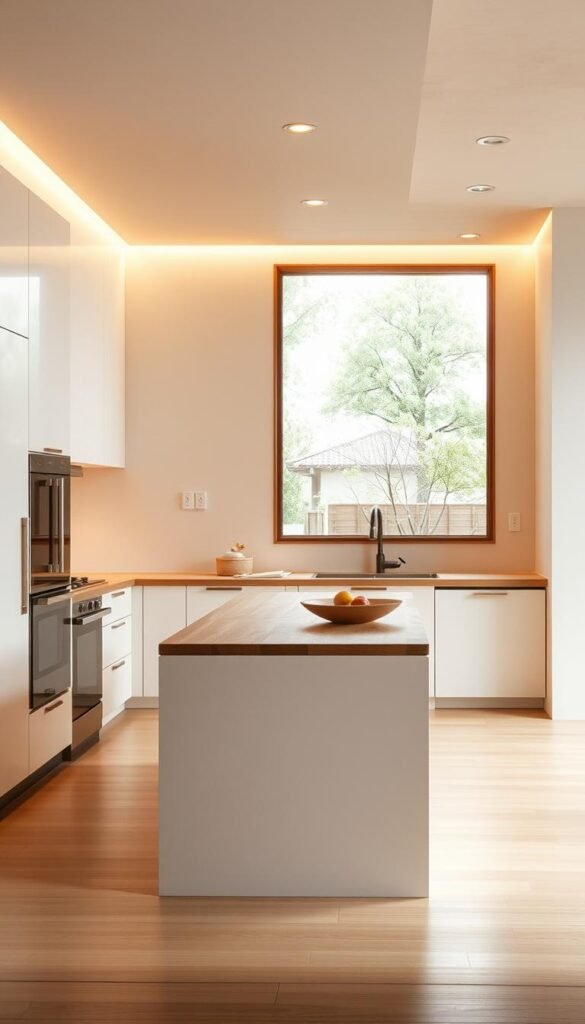 A minimalist Japanese kitchen with clean lines and natural materials. A focal point is a low-profile island with a wooden countertop, surrounded by simple white cabinets and sleek stainless steel appliances. Soft, indirect lighting creates a warm, zen-like ambiance. In the background, a large window offers a serene garden view, blurring the line between indoor and outdoor. The overall impression is one of functional elegance and a deep connection to nature, embodying the essence of the Japanese culinary and dining experience.