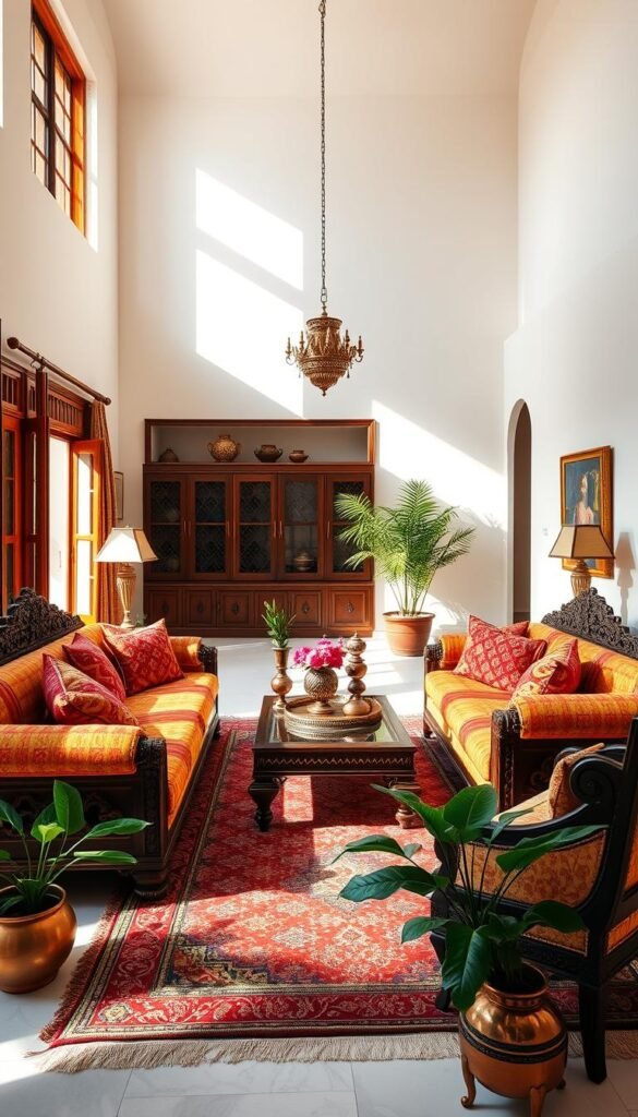 A modern Indian-inspired living room bathed in warm, natural light. Intricately carved, dark-wood furniture stands in contrast to crisp white walls. Vibrant textiles in rich jewel tones - think deep reds, indigos, and golds - adorn plush sofas and armchairs. Ornate brass lamps and decorative trays add a touch of heritage. Decorative Indian-style rugs ground the space, complemented by potted plants and traditional brass or ceramic accents. The overall atmosphere is one of refined elegance, blending the best of Indian tradition with a contemporary, minimalist aesthetic. A modern Indian-inspired living room bathed in warm, natural light. Intricately carved, dark-wood furniture stands in contrast to crisp white walls. Vibrant textiles in rich jewel tones - think deep reds, indigos, and golds - adorn plush sofas and armchairs. Ornate brass lamps and decorative trays add a touch of heritage. Decorative Indian-style rugs ground the space, complemented by potted plants and traditional brass or ceramic accents. The overall atmosphere is one of refined elegance, blending the best of Indian tradition with a contemporary, minimalist aesthetic.