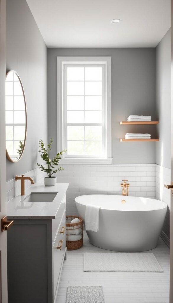 A modern and elegant guest bathroom design with a soothing color palette. The room is bathed in soft, diffused natural light streaming through a large window, illuminating the clean, minimalist lines of the vanity, floating shelves, and freestanding bathtub. The walls are painted in a serene, muted blue-gray tone, complemented by crisp white subway tiles and brushed brass fixtures. Plush white towels and a potted plant add natural touches, while a circular mirror above the vanity reflects the tranquil atmosphere. The overall impression is one of calm, sophistication, and attention to detail, creating a welcoming and relaxing space for guests. A modern and elegant guest bathroom design with a soothing color palette. The room is bathed in soft, diffused natural light streaming through a large window, illuminating the clean, minimalist lines of the vanity, floating shelves, and freestanding bathtub. The walls are painted in a serene, muted blue-gray tone, complemented by crisp white subway tiles and brushed brass fixtures. Plush white towels and a potted plant add natural touches, while a circular mirror above the vanity reflects the tranquil atmosphere. The overall impression is one of calm, sophistication, and attention to detail, creating a welcoming and relaxing space for guests.