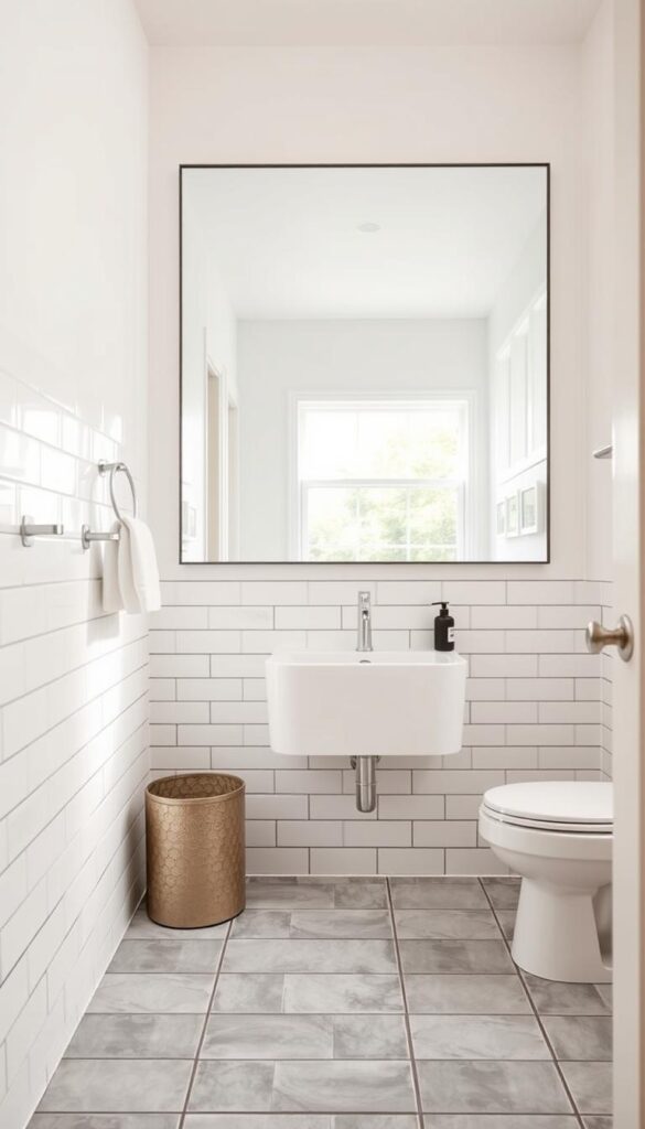 A modern and inviting bathroom with a freshly updated tile design. The foreground features a clean, minimalist white subway tile backsplash, accented by sleek black grout lines. In the middle ground, a mix of light gray square tiles covers the floor, creating a cohesive and contemporary look. The background showcases a large statement mirror, reflecting the natural light streaming in through the window and highlighting the crisp, airy atmosphere. The scene is illuminated by a soft, warm lighting that casts a cozy, spa-like ambiance. The overall composition emphasizes the transformative power of simple yet stylish tile updates to elevate a small bathroom.