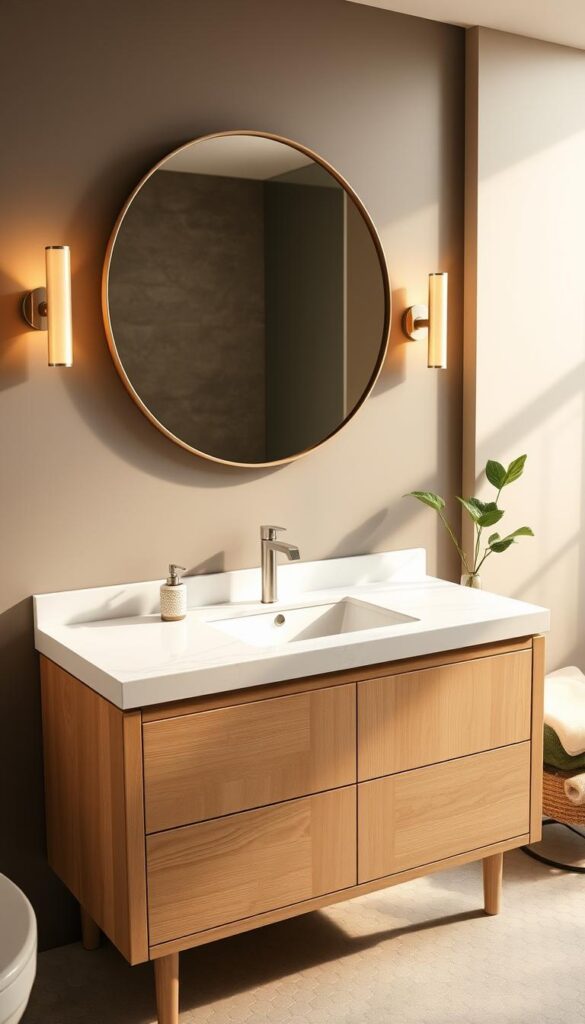 A modern and minimalist bathroom vanity in a warm, cozy atmosphere. The vanity is made of light-colored wood with clean lines and a sleek, rectangular shape. The countertop is a crisp, white quartz with subtle veining. A large, round mirror with a metal frame hangs above the vanity, reflecting the warm, diffused lighting from the sconces on either side. The floor is covered in small, hexagonal tiles in a soft, neutral tone. Potted plants and a few carefully selected decorative items add a touch of natural elegance to the space.