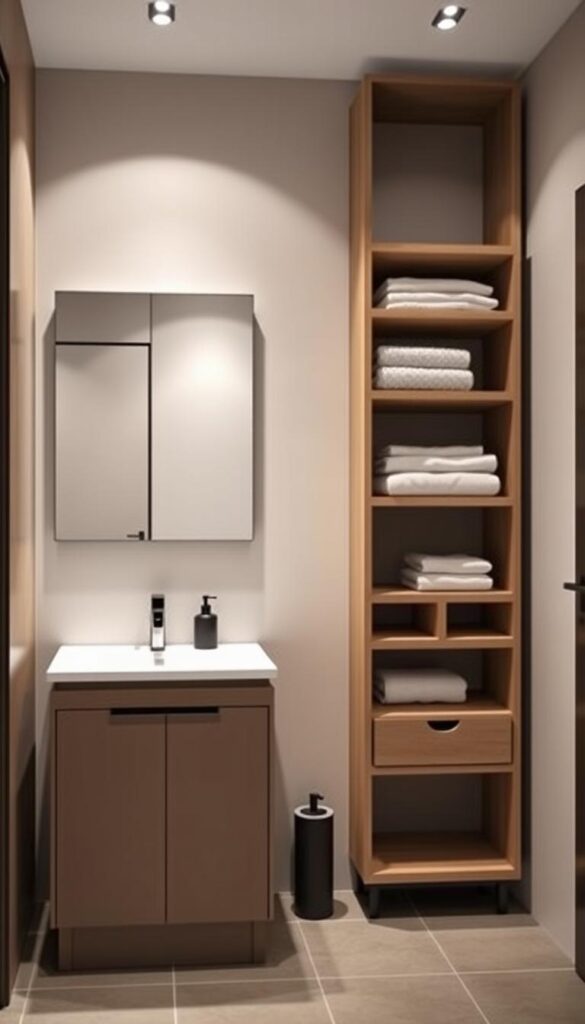 A modern and stylish bathroom interior with innovative storage solutions that seamlessly blend function and aesthetic. In the foreground, a vanity cabinet with minimalist design and hidden compartments for storing toiletries. The middle ground features a floating shelving unit with cleverly integrated drawers and cubbies, providing ample space for towels, bathroom essentials, and decorative accents. The background showcases a sleek and frameless mirror that creates an illusion of depth, complemented by task lighting that casts a warm, inviting glow. The overall atmosphere is one of refined simplicity, where every element contributes to a cohesive and visually appealing storage solution without sacrificing the overall style of the space.