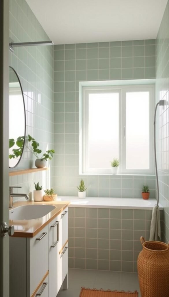 A modern, budget-friendly green bathroom with natural textures and warm lighting. Soft mint-green tiles cover the walls, complemented by a white vanity with wooden accents. A large window floods the space with natural light, casting a gentle glow on the minimalist decor. Potted plants and a woven basket add organic touches, while a sleek rainfall showerhead and simple chrome fixtures provide a clean, contemporary finish. The overall atmosphere is calming and serene, creating a spa-like retreat within a modest, but stylish setting. A modern, budget-friendly green bathroom with natural textures and warm lighting. Soft mint-green tiles cover the walls, complemented by a white vanity with wooden accents. A large window floods the space with natural light, casting a gentle glow on the minimalist decor. Potted plants and a woven basket add organic touches, while a sleek rainfall showerhead and simple chrome fixtures provide a clean, contemporary finish. The overall atmosphere is calming and serene, creating a spa-like retreat within a modest, but stylish setting.