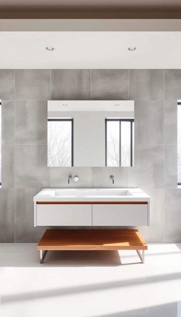 A modern, custom bathroom vanity in a bright, airy space. The vanity features clean lines, a sleek white countertop, and minimalist hardware. The mirror above is frameless, reflecting the natural light flooding in from large windows. The vanity is positioned against a gray tile wall, creating a serene and sophisticated atmosphere. The vanity's base is a warm-toned wood, adding a natural element to the design. Recessed lighting casts a soft glow, accentuating the vanity's elegant simplicity. The overall aesthetic is one of understated luxury, perfectly suited for a unique, contemporary bathroom. A modern, custom bathroom vanity in a bright, airy space. The vanity features clean lines, a sleek white countertop, and minimalist hardware. The mirror above is frameless, reflecting the natural light flooding in from large windows. The vanity is positioned against a gray tile wall, creating a serene and sophisticated atmosphere. The vanity's base is a warm-toned wood, adding a natural element to the design. Recessed lighting casts a soft glow, accentuating the vanity's elegant simplicity. The overall aesthetic is one of understated luxury, perfectly suited for a unique, contemporary bathroom.