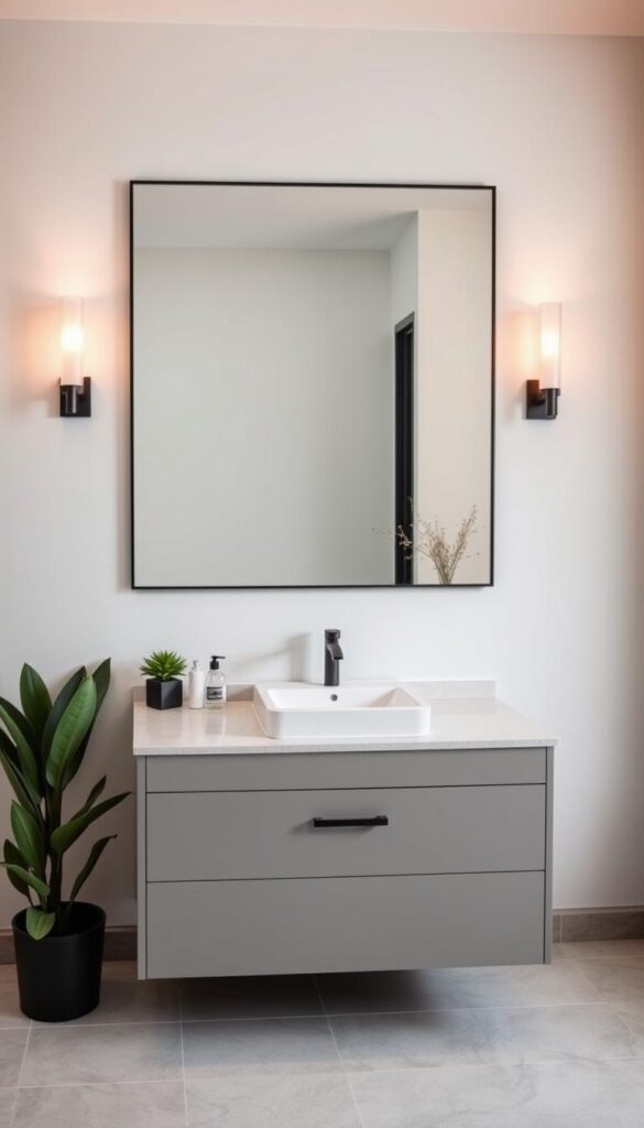 A modern, elegant bathroom with a sleek, minimalist design. A large, frameless mirror takes center stage, flanked by chic wall sconces that cast a warm, inviting glow. The vanity features a simple, white ceramic sink and clean-lined hardware, complemented by a matte black faucet. The floor is covered in neutral-toned tiles, creating a cohesive, visually appealing look. Potted plants and a small, decorative vase add a touch of natural, budget-friendly warmth. The overall atmosphere is one of sophistication and relaxation, showcasing how a stylish bathroom can be achieved without breaking the bank.