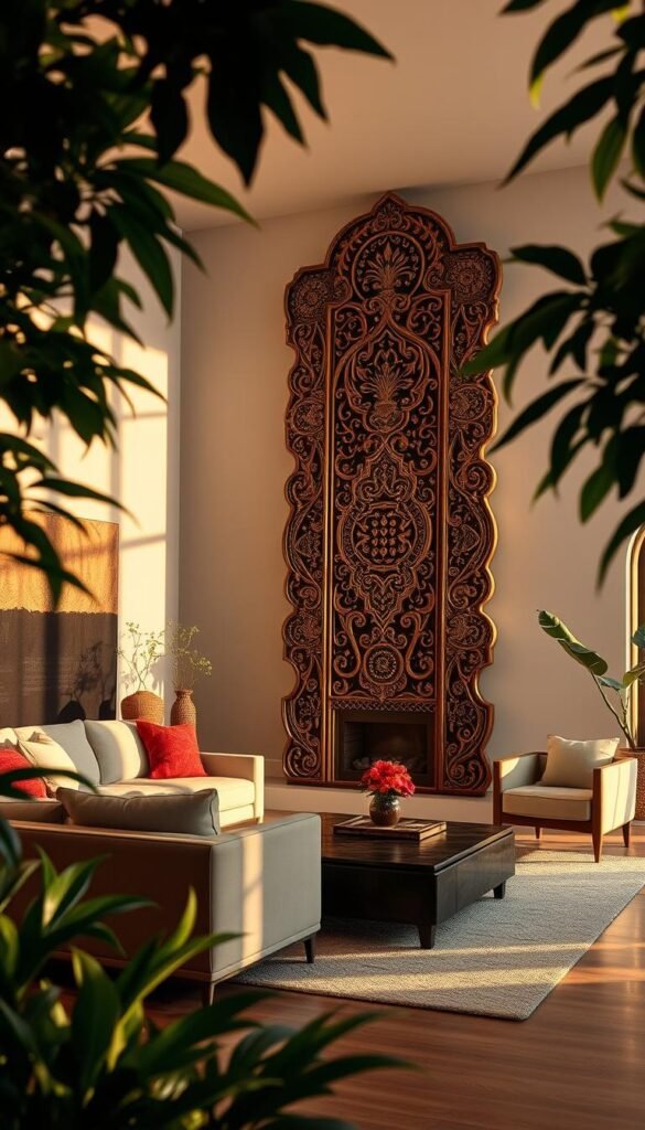 A modern living room with an ornate, carved wooden statement piece as the focal point. The piece stands tall and proud, its intricate patterns and textures casting dramatic shadows across the walls. The room is bathed in warm, golden light, creating a cozy and inviting atmosphere. The furniture is minimal and clean-lined, allowing the cultural centerpiece to take center stage. Lush, vibrant greenery frames the scene, adding a touch of organic elegance. The overall mood is one of refined sophistication, blending traditional craftsmanship with a contemporary aesthetic. A modern living room with an ornate, carved wooden statement piece as the focal point. The piece stands tall and proud, its intricate patterns and textures casting dramatic shadows across the walls. The room is bathed in warm, golden light, creating a cozy and inviting atmosphere. The furniture is minimal and clean-lined, allowing the cultural centerpiece to take center stage. Lush, vibrant greenery frames the scene, adding a touch of organic elegance. The overall mood is one of refined sophistication, blending traditional craftsmanship with a contemporary aesthetic.