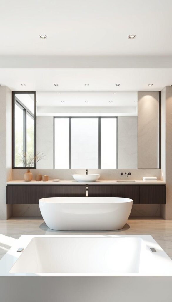 A modern, minimalist bathroom design with a focus on key architectural principles. In the foreground, a sleek, rectangular bathtub with clean lines is positioned in a bright, airy space. The middle ground features a large, square mirror reflecting the natural light streaming in from large windows. The background showcases simple, geometric wall tiles in a neutral, soothing color palette. Soft, diffused lighting from recessed ceiling fixtures creates a calming, spa-like atmosphere. The overall composition emphasizes balance, proportion, and a harmonious flow of elements to inspire a transformative bathroom experience.