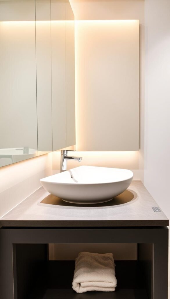 A modern, minimalist bathroom sink with a sleek, rectangular design made of white ceramic. The sink is set atop a dark gray vanity countertop, illuminated by warm, indirect lighting from above. The faucet is a simple, chrome fixture that complements the sink's clean lines. The sink is placed in a spacious, well-lit bathroom with bright, white walls and a tiled floor, creating a serene, spa-like atmosphere. A modern, minimalist bathroom sink with a sleek, rectangular design made of white ceramic. The sink is set atop a dark gray vanity countertop, illuminated by warm, indirect lighting from above. The faucet is a simple, chrome fixture that complements the sink's clean lines. The sink is placed in a spacious, well-lit bathroom with bright, white walls and a tiled floor, creating a serene, spa-like atmosphere.