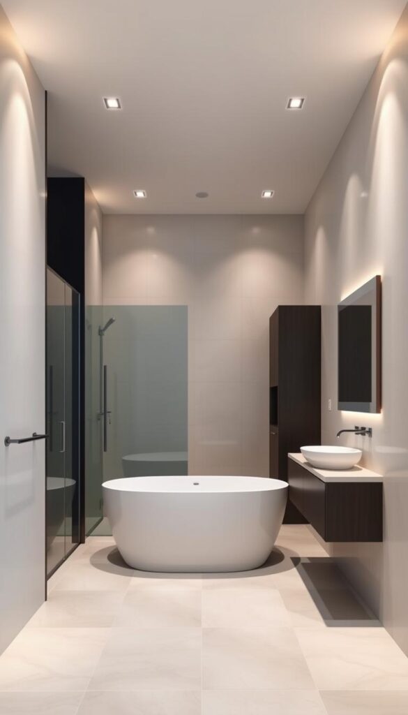 A modern, minimalist bathroom with clean lines and a sleek, contemporary design. The space features a large, rectangular bathtub positioned as the focal point, surrounded by a frameless glass shower enclosure. The walls are covered in smooth, light-colored tiles, complemented by dark-toned cabinetry and a sleek, floating vanity with a vessel sink. Recessed lighting casts a warm, ambient glow, while a large, frameless mirror enhances the sense of space. The overall atmosphere is one of calm, serene sophistication, perfect for a relaxing, spa-like experience.