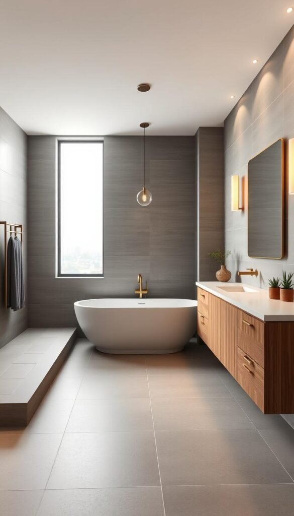 A modern, minimalist bathroom with clean lines and a warm, natural color palette. The focal point is a freestanding bathtub positioned in front of a large window, allowing natural light to flood the space. The walls are covered in sleek, grey tile, complemented by wooden vanity units and brass fixtures. A floating vanity with a rectangular mirror creates a sense of openness, while recessed lighting casts a soft, ambient glow. Succulents and a single, sculptural light fixture add subtle, organic touches. The overall atmosphere is one of tranquility and sophistication. A modern, minimalist bathroom with clean lines and a warm, natural color palette. The focal point is a freestanding bathtub positioned in front of a large window, allowing natural light to flood the space. The walls are covered in sleek, grey tile, complemented by wooden vanity units and brass fixtures. A floating vanity with a rectangular mirror creates a sense of openness, while recessed lighting casts a soft, ambient glow. Succulents and a single, sculptural light fixture add subtle, organic touches. The overall atmosphere is one of tranquility and sophistication.