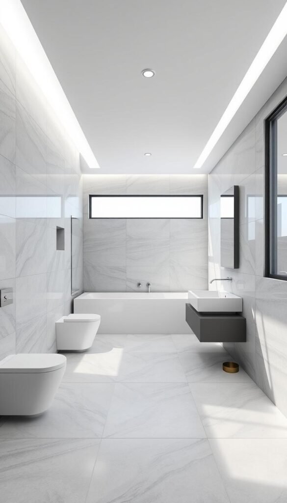 A modern, minimalist bathroom with sleek, geometric tile patterns covering the walls and floor. The tiles are a mix of monochromatic grays and whites, creating a clean, crisp aesthetic. Bright, indirect lighting from recessed ceiling fixtures and natural light from large windows cast a soft, even glow throughout the space. The tiles have a subtle, matte finish, lending a sophisticated, understated look. The bathroom features minimalist fixtures and furnishings, emphasizing the striking tile design as the focal point. An overall serene and calming atmosphere, perfect for a relaxing and rejuvenating experience. A modern, minimalist bathroom with sleek, geometric tile patterns covering the walls and floor. The tiles are a mix of monochromatic grays and whites, creating a clean, crisp aesthetic. Bright, indirect lighting from recessed ceiling fixtures and natural light from large windows cast a soft, even glow throughout the space. The tiles have a subtle, matte finish, lending a sophisticated, understated look. The bathroom features minimalist fixtures and furnishings, emphasizing the striking tile design as the focal point. An overall serene and calming atmosphere, perfect for a relaxing and rejuvenating experience.