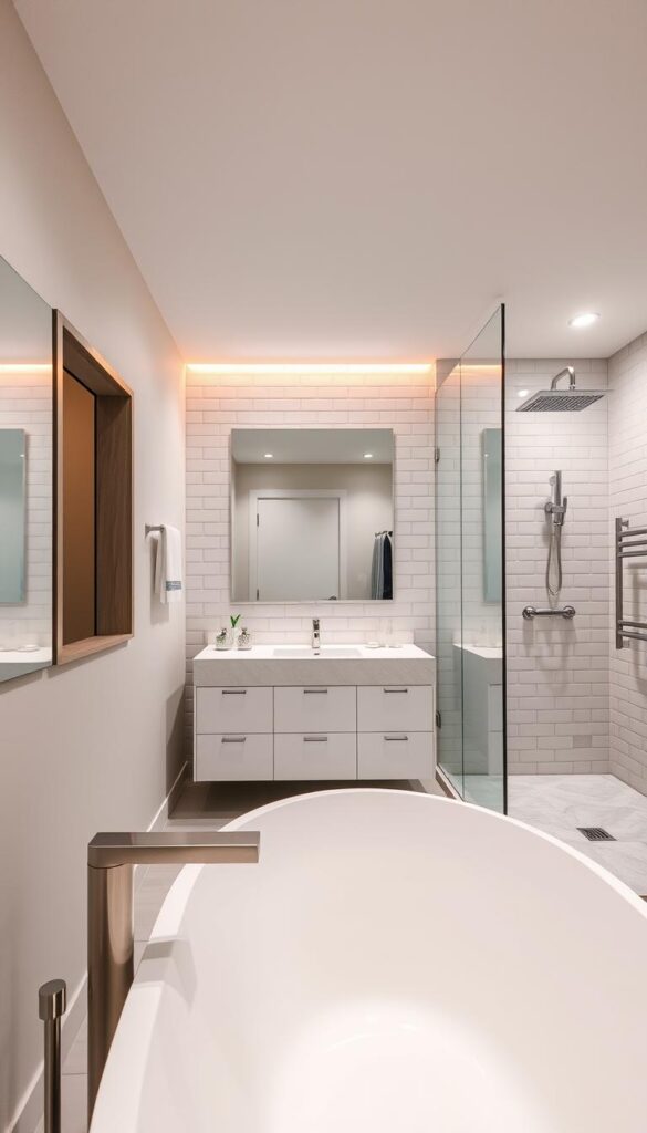 A modern, well-appointed bathroom with a sleek, minimalist aesthetic. In the foreground, a freestanding bathtub with clean lines and a brushed nickel faucet. Above it, a large, frameless mirror reflecting the room's natural light. In the middle ground, a wall-mounted vanity with a quartz countertop and integrated sink, accompanied by chrome fixtures. Recessed lighting casts a warm, ambient glow throughout the space. The background features subway tile walls in a soothing, neutral palette, complemented by a rain shower head and a towel rack. The overall atmosphere exudes a sense of luxury and tranquility, inviting the viewer to imagine a relaxing, spa-like experience.