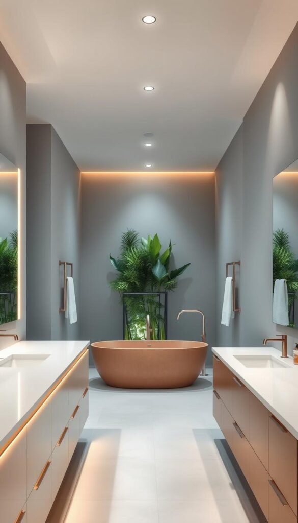 A modern, well-lit bathroom with a minimalist, spa-like aesthetic. The foreground features a spacious vanity with sleek white countertops and a large mirror, accentuated by warm, indirect lighting. The middle ground showcases a freestanding bathtub in a soothing, earthy-toned color, complemented by lush greenery in the background. The walls are painted in a soft, muted blue-gray hue, creating a calming and serene atmosphere. The overall color palette is a harmonious blend of natural tones, with hints of metallic accents adding a touch of sophistication. The composition captures the essence of a modern, trend-setting bathroom design. A modern, well-lit bathroom with a minimalist, spa-like aesthetic. The foreground features a spacious vanity with sleek white countertops and a large mirror, accentuated by warm, indirect lighting. The middle ground showcases a freestanding bathtub in a soothing, earthy-toned color, complemented by lush greenery in the background. The walls are painted in a soft, muted blue-gray hue, creating a calming and serene atmosphere. The overall color palette is a harmonious blend of natural tones, with hints of metallic accents adding a touch of sophistication. The composition captures the essence of a modern, trend-setting bathroom design.