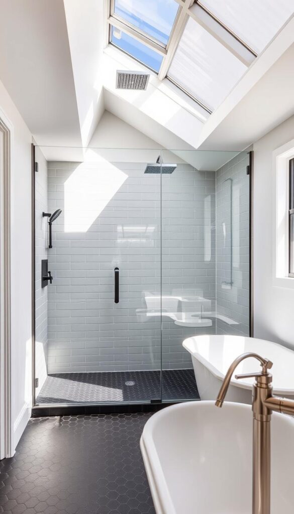 A modern, well-lit bathroom with a spacious walk-in shower enclosure featuring a frameless glass door, sleek rainfall showerhead, and built-in shelving for storage. The shower floor is covered in matte black hexagonal tiles, complementing the light gray subway tiles on the walls. Overhead, a large skylight allows natural light to stream in, creating a warm, spa-like ambiance. In the foreground, a freestanding tub with a brushed nickel faucet stands elegantly, inviting relaxation. The overall design exudes a harmonious blend of functionality and luxurious aesthetic, perfectly capturing the essence of a small bathroom upgrade.