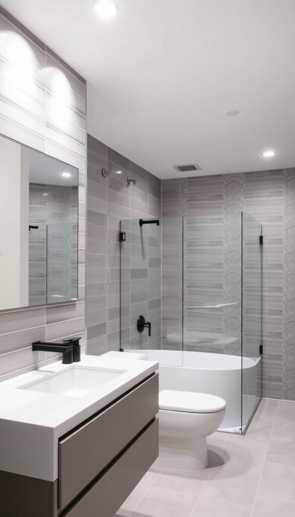 A modern, well-lit bathroom with sleek, minimalist tile designs. The foreground features a large, rectangular mirror framed by tiles in a cool, muted color palette, perhaps in shades of gray, white, or soft blue. The middle ground showcases a spacious vanity with clean lines and modern fixtures, surrounded by a tiled backsplash in a complementary pattern. In the background, the shower or bathtub area is enclosed by glass panels, with the walls covered in a striking, geometric tile arrangement that adds visual interest. Soft, even lighting from recessed fixtures creates a calming, spa-like atmosphere, highlighting the high-quality, on-trend materials and attention to detail that define this contemporary bathroom design.