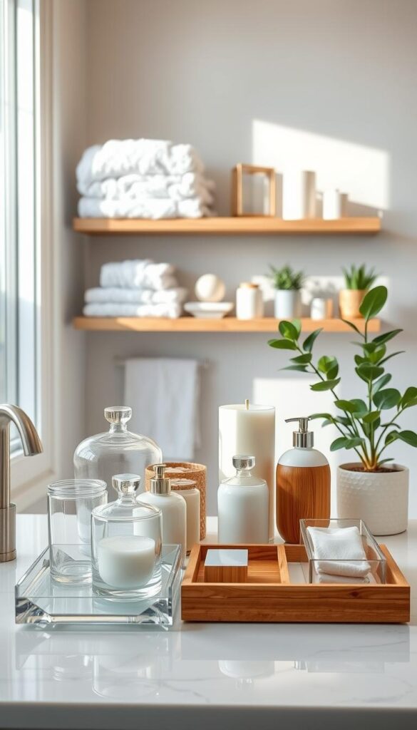 A neatly organized bathroom counter with a variety of modern, minimalist storage solutions - elegant glass jars, sleek acrylic trays, and bamboo organizers, all illuminated by soft, natural lighting streaming through a large window. In the background, floating shelves display a curated collection of stylish bath essentials like plush towels, scented candles, and potted plants, creating a serene, spa-like atmosphere. The composition is balanced, with a focus on functional yet visually appealing organization products that elevate the overall aesthetic of the space.