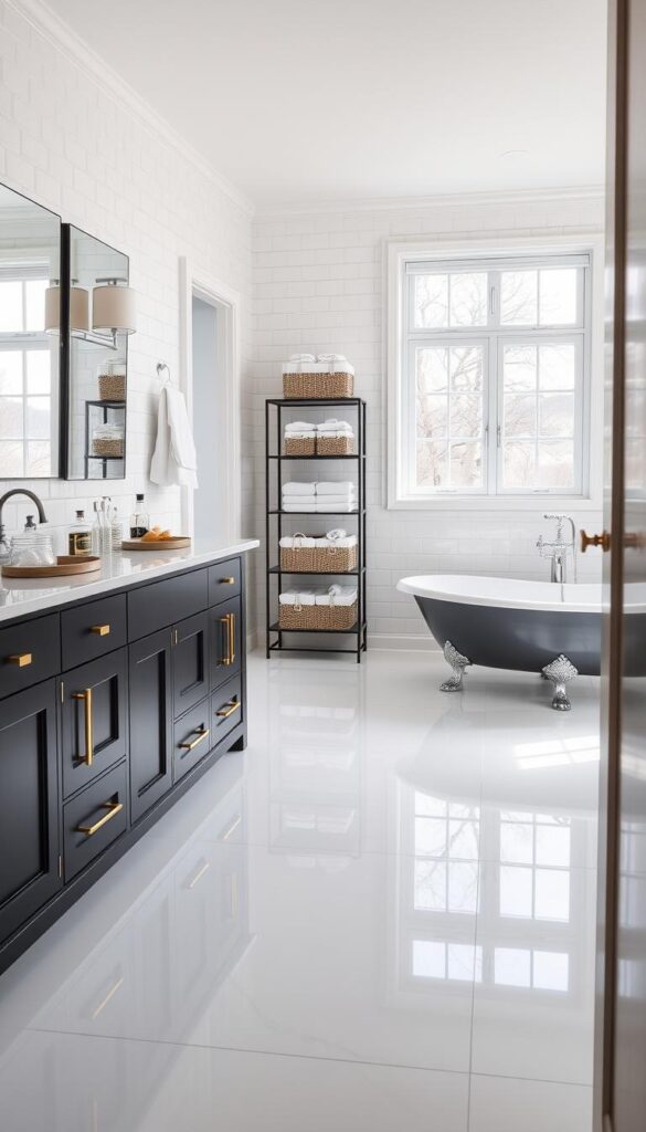 A pristine bathroom interior with sleek, minimalist organization. Gleaming white subway tiles line the walls, reflecting the soft, natural light streaming in from large windows. An elegant vanity with ample storage space dominates the foreground, its matte black cabinets and polished brass hardware creating a sophisticated contrast. Atop the vanity, neatly arranged glass jars and trays hold essential toiletries. In the middle ground, a freestanding shelving unit displays neatly folded towels and coordinated baskets. The background reveals a clawfoot tub, its chrome fixtures gleaming. The overall scene conveys a sense of order, tranquility, and effortless style.