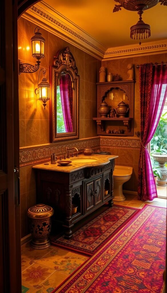 A richly decorated Indian bathroom, bathed in warm golden light from ornate brass fixtures. Intricately carved wooden vanity with a marble countertop, adorned with traditional brass accents. Colorful patterned tiles in earthy tones cover the floors and walls, complemented by a plush, jewel-toned rug. Ornate brass lanterns cast a soft glow, illuminating carved stone shelves displaying decorative brass urns and clay figurines. Sheer, colorful curtains billow gently, hinting at an open window overlooking a lush, verdant garden. The space exudes a timeless, luxurious ambiance that celebrates the beauty of Indian design. A richly decorated Indian bathroom, bathed in warm golden light from ornate brass fixtures. Intricately carved wooden vanity with a marble countertop, adorned with traditional brass accents. Colorful patterned tiles in earthy tones cover the floors and walls, complemented by a plush, jewel-toned rug. Ornate brass lanterns cast a soft glow, illuminating carved stone shelves displaying decorative brass urns and clay figurines. Sheer, colorful curtains billow gently, hinting at an open window overlooking a lush, verdant garden. The space exudes a timeless, luxurious ambiance that celebrates the beauty of Indian design.