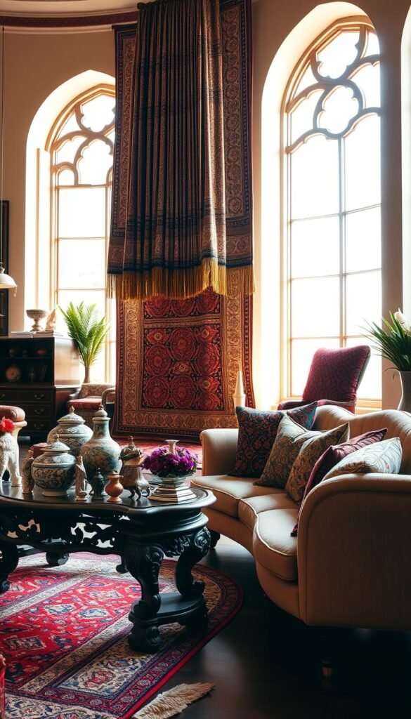 A richly decorated interior space showcasing a harmonious blend of global design elements. In the foreground, an ornate carved wooden side table supports a vibrant hand-woven area rug, intricate ceramic vases, and a collection of artisanal figurines. The middle ground features a grand, intricately patterned tapestry cascading from the ceiling, juxtaposed with a mix of plush, brightly colored throw pillows on a low-slung, curved sofa. The background reveals tall arched windows allowing warm, diffused natural light to filter in, illuminating the space and highlighting the diverse cultural influences. An atmosphere of refined elegance and cultural celebration. A richly decorated interior space showcasing a harmonious blend of global design elements. In the foreground, an ornate carved wooden side table supports a vibrant hand-woven area rug, intricate ceramic vases, and a collection of artisanal figurines. The middle ground features a grand, intricately patterned tapestry cascading from the ceiling, juxtaposed with a mix of plush, brightly colored throw pillows on a low-slung, curved sofa. The background reveals tall arched windows allowing warm, diffused natural light to filter in, illuminating the space and highlighting the diverse cultural influences. An atmosphere of refined elegance and cultural celebration.