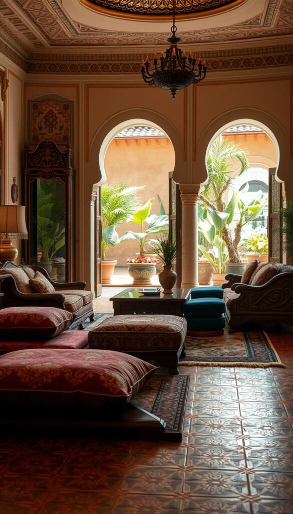 A richly decorated living room with intricate Mediterranean and Middle Eastern design elements. In the foreground, ornate floor tiles in a warm, earthy palette. Plush, jewel-toned floor cushions and textured area rugs create a cozy seating area. The middle ground features carved wooden furniture with detailed inlays, complemented by ornate brass lamps and vases. In the background, arched doorways and windows frame views of a lush, sun-drenched courtyard garden. Soft, diffused lighting casts a golden glow, evoking a sense of timeless opulence and cultural heritage. A richly decorated living room with intricate Mediterranean and Middle Eastern design elements. In the foreground, ornate floor tiles in a warm, earthy palette. Plush, jewel-toned floor cushions and textured area rugs create a cozy seating area. The middle ground features carved wooden furniture with detailed inlays, complemented by ornate brass lamps and vases. In the background, arched doorways and windows frame views of a lush, sun-drenched courtyard garden. Soft, diffused lighting casts a golden glow, evoking a sense of timeless opulence and cultural heritage.