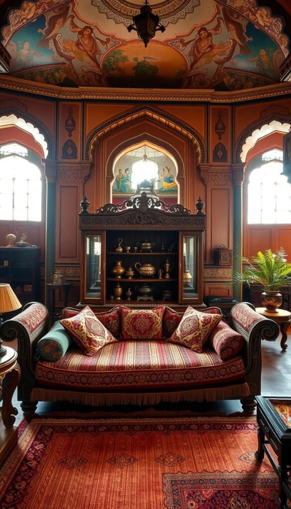 A richly-detailed Indian interior design scene, showcasing the country's vibrant heritage. In the foreground, a traditional low-slung daybed adorned with intricately-patterned textiles and ornate cushions. Behind it, a carved wooden cabinet displaying antique brass and ceramic artifacts. The middle ground features a handwoven area rug in warm, earthy tones. The background reveals high ceilings with ornamental archways, painted with intricate murals depicting mythological figures. Soft, diffused lighting filters through large windows, casting a warm, amber glow throughout the space. The overall atmosphere conveys a sense of timeless elegance and cultural legacy. A richly-detailed Indian interior design scene, showcasing the country's vibrant heritage. In the foreground, a traditional low-slung daybed adorned with intricately-patterned textiles and ornate cushions. Behind it, a carved wooden cabinet displaying antique brass and ceramic artifacts. The middle ground features a handwoven area rug in warm, earthy tones. The background reveals high ceilings with ornamental archways, painted with intricate murals depicting mythological figures. Soft, diffused lighting filters through large windows, casting a warm, amber glow throughout the space. The overall atmosphere conveys a sense of timeless elegance and cultural legacy.
