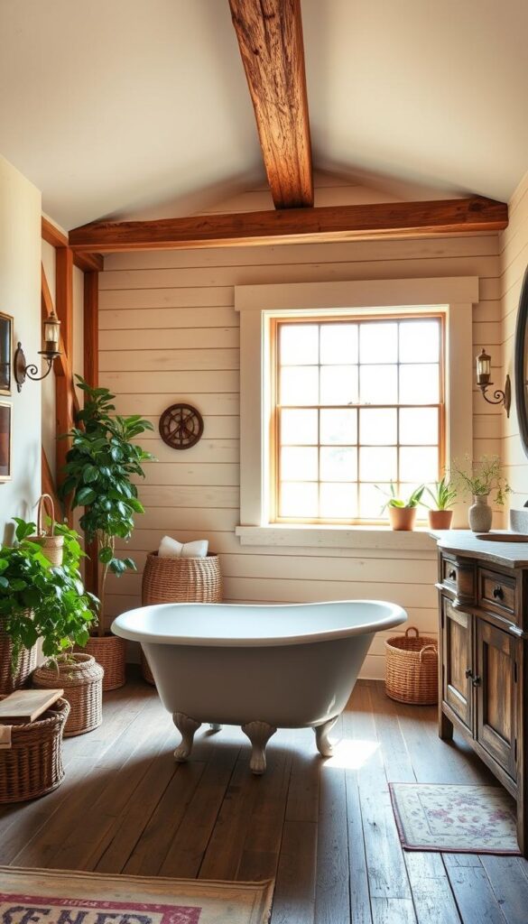 A rustic, cozy bathroom with warm, natural lighting streaming through a large window. Exposed wooden beams and shiplap walls create a charming, farmhouse feel. An antique claw-foot tub sits on a distressed wood floor, flanked by a pair of vintage sconces. Lush potted plants and woven baskets add organic textures, while a weathered vanity with a stone countertop provides ample storage. Hints of brass hardware and a vintage-inspired mirror complete the inviting, lived-in aesthetic. The overall mood is one of relaxed, countryside elegance.