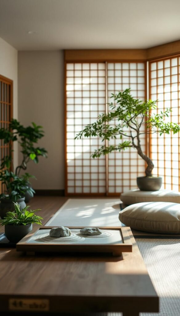 A serene Asian-inspired living room, illuminated by soft natural light filtering through delicate rice paper screens. In the foreground, a low, minimalist wooden coffee table is adorned with a zen garden of carefully raked sand and stone. Lush, verdant potted plants and a graceful bonsai tree lend a sense of tranquility. The middle ground features a plush, oversized floor cushion and a traditional tatami mat, inviting one to sit and meditate. The background showcases a handcrafted shoji screen, its intricate lattice casting delicate shadows across the space. The overall atmosphere evokes a harmonious balance of nature, simplicity, and contemplative stillness. A serene Asian-inspired living room, illuminated by soft natural light filtering through delicate rice paper screens. In the foreground, a low, minimalist wooden coffee table is adorned with a zen garden of carefully raked sand and stone. Lush, verdant potted plants and a graceful bonsai tree lend a sense of tranquility. The middle ground features a plush, oversized floor cushion and a traditional tatami mat, inviting one to sit and meditate. The background showcases a handcrafted shoji screen, its intricate lattice casting delicate shadows across the space. The overall atmosphere evokes a harmonious balance of nature, simplicity, and contemplative stillness.