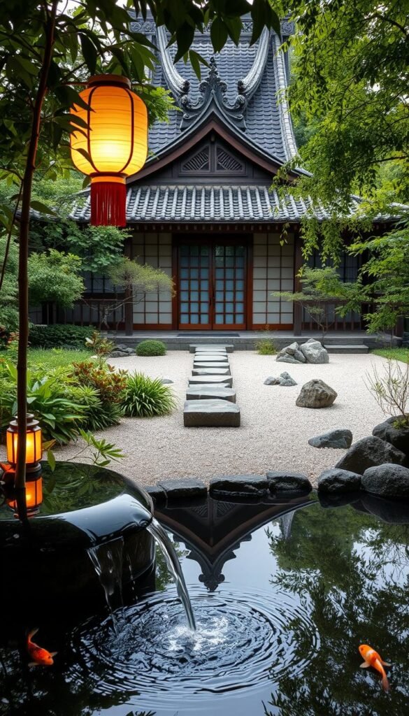 A serene Japanese garden with a tranquil koi pond, surrounded by lush foliage and traditional wooden architecture. In the foreground, a delicate bamboo water feature cascades gently, reflecting the warm glow of a paper lantern. The middle ground features a minimalist stone pathway leading to a zen sand garden, dotted with carefully placed rocks and raked patterns. In the background, a pagoda-style roof with intricate carved details overlooks the scene, creating a harmonious blend of nature and traditional Asian design elements. The lighting is soft and diffused, evoking a calming, meditative atmosphere. A serene Japanese garden with a tranquil koi pond, surrounded by lush foliage and traditional wooden architecture. In the foreground, a delicate bamboo water feature cascades gently, reflecting the warm glow of a paper lantern. The middle ground features a minimalist stone pathway leading to a zen sand garden, dotted with carefully placed rocks and raked patterns. In the background, a pagoda-style roof with intricate carved details overlooks the scene, creating a harmonious blend of nature and traditional Asian design elements. The lighting is soft and diffused, evoking a calming, meditative atmosphere.