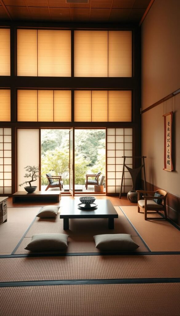 A serene Japanese-inspired living room with shoji screens gently diffusing the warm, natural light. Soft tatami mats cover the floor, surrounding a low-profile coffee table and plush floor cushions. Elegant wood furnishings, including a minimalist sofa and armchair, create a zen-like ambiance. Hanging scrolls and a bonsai plant add traditional Japanese accents. The shoji screens frame the view, revealing a lush garden landscape outside. The space emanates a harmonious, meditative atmosphere, perfectly capturing the essence of Japanese home design.