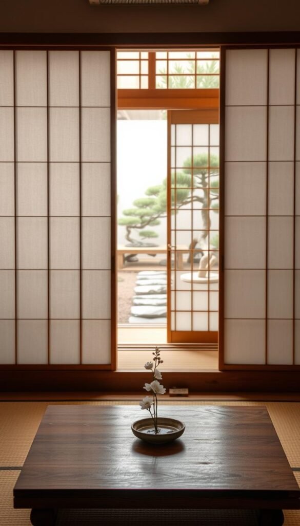 A serene Japanese interior with natural materials and minimalist design. In the foreground, a low wooden table with a simple flower arrangement. Behind it, a sliding shoji screen panel letting in soft, diffused daylight. In the middle ground, a tatami mat floor and a wooden chest or cabinet. In the background, a view of a zen garden through an open paper screen door, with carefully pruned bonsai trees and a stone path. The overall atmosphere is one of tranquility, balance, and refined elegance, highlighting the essential elements of Japanese home decor.