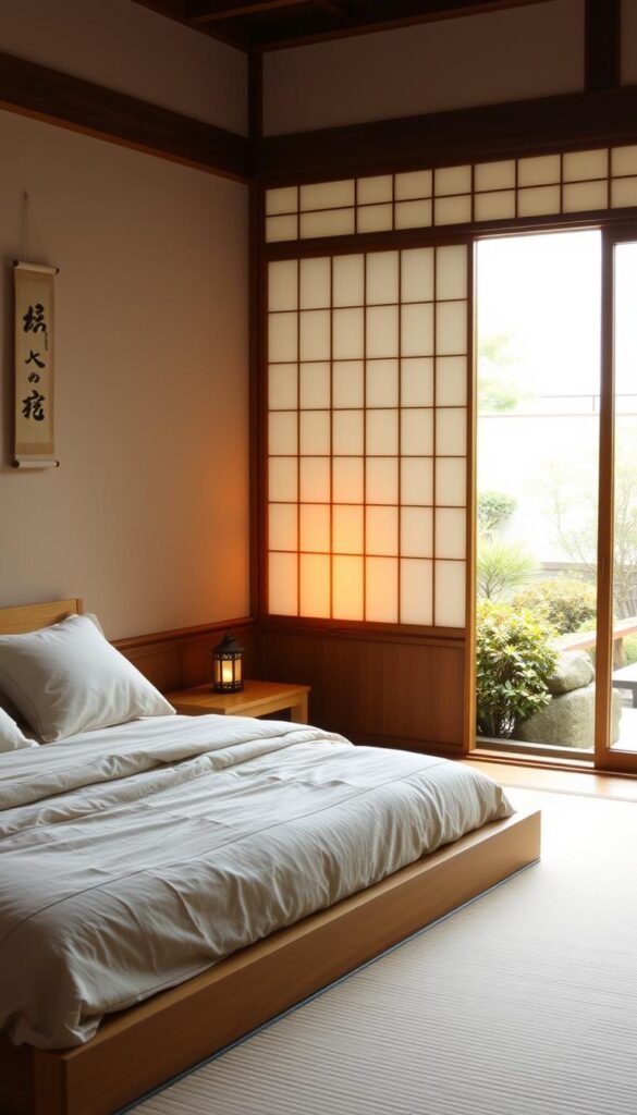 A serene Japanese-style bedroom with a minimalist, zen-inspired design. In the foreground, a low wooden platform bed adorned with a soft, linen comforter and plush pillows. Beside it, a simple nightstand holds a traditional lantern, casting a warm, ambient glow. The middle ground features a delicate shoji screen, allowing natural light to filter in from the background, where a Japanese garden can be glimpsed through the panel's translucent paper. The room is finished with a few carefully curated decor elements, such as a hanging scroll painting and a small, ceramic vase. The overall atmosphere is one of tranquility, harmony, and a connection to nature.
