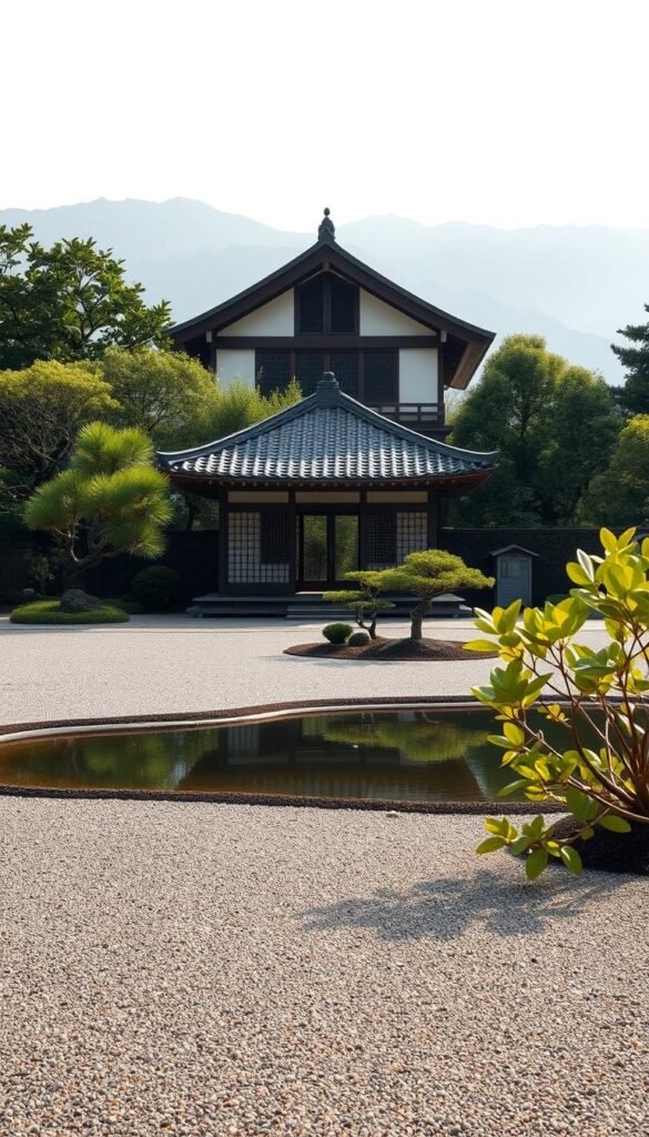 A serene Japanese zen garden in the foreground, with carefully raked gravel and a tranquil pond reflecting the sky. In the middle ground, a traditional Japanese pavilion with elegant sloping roof and latticed windows, surrounded by lush greenery. The background features a distant mountain range, bathed in soft, diffused light. The overall composition conveys a sense of harmony, balance, and minimalist beauty, capturing the essence of Japanese design philosophy.