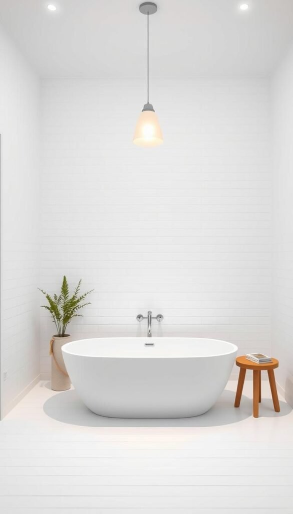 A serene, minimalist bathroom with clean lines and a calming ambiance. Crisp white tiles cover the floor and walls, creating a bright, airy space. A freestanding bathtub takes center stage, its sleek design echoing the overall aesthetic. Overhead, a simple pendant light casts a warm, diffused glow, enhancing the sense of tranquility. Understated natural elements, such as a potted plant and a wooden stool, add subtle touches of organic warmth. The room is devoid of clutter, with only essential fixtures and furnishings, allowing the minimalist design to shine. The lighting is soft and even, emphasizing the clean, uncluttered feel. The overall impression is one of simplicity, elegance, and a soothing, spa-like ambiance. A serene, minimalist bathroom with clean lines and a calming ambiance. Crisp white tiles cover the floor and walls, creating a bright, airy space. A freestanding bathtub takes center stage, its sleek design echoing the overall aesthetic. Overhead, a simple pendant light casts a warm, diffused glow, enhancing the sense of tranquility. Understated natural elements, such as a potted plant and a wooden stool, add subtle touches of organic warmth. The room is devoid of clutter, with only essential fixtures and furnishings, allowing the minimalist design to shine. The lighting is soft and even, emphasizing the clean, uncluttered feel. The overall impression is one of simplicity, elegance, and a soothing, spa-like ambiance.