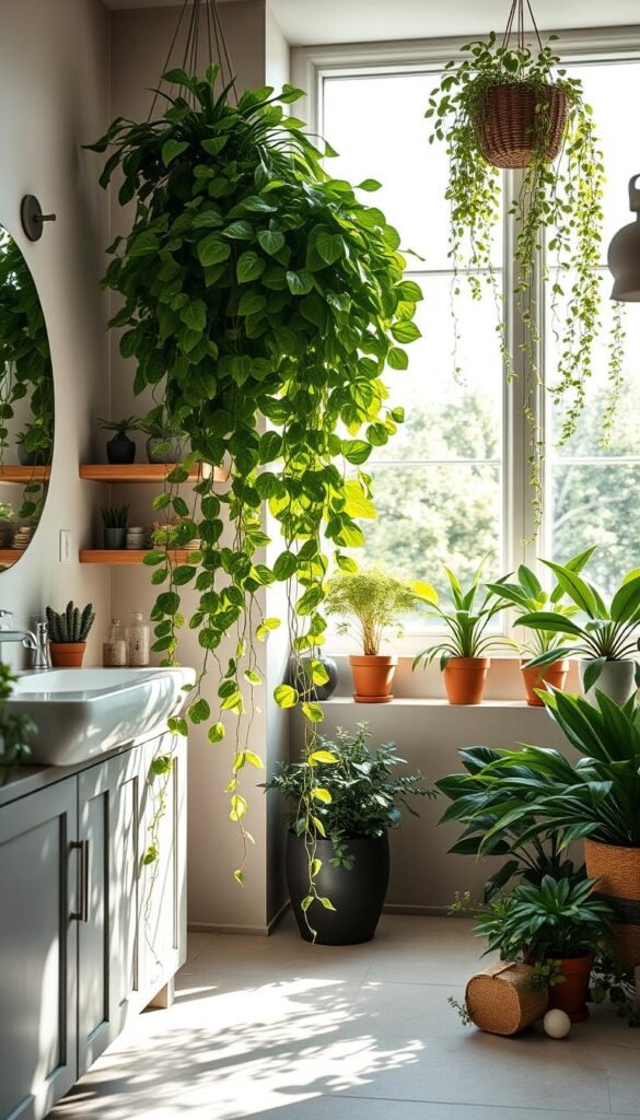 A serene, naturally-lit bathroom filled with lush, verdant plants cascading from corner shelves and hanging baskets. Bright sunlight filters through large windows, illuminating the various shades of green foliage and casting soft shadows on the tiled floors. In the foreground, a central potted plant with broad, glossy leaves stands proudly, its tendrils trailing gracefully down the vanity. The middle ground features a mix of small, delicate succulents and larger, bushy houseplants strategically placed around the room, creating a harmonious, biophilic atmosphere. The background showcases a minimalist, spa-like design with neutral tones, allowing the vibrant greenery to take center stage. The overall mood is one of tranquility, rejuvenation, and a seamless integration of nature into the modern bathroom space. A serene, naturally-lit bathroom filled with lush, verdant plants cascading from corner shelves and hanging baskets. Bright sunlight filters through large windows, illuminating the various shades of green foliage and casting soft shadows on the tiled floors. In the foreground, a central potted plant with broad, glossy leaves stands proudly, its tendrils trailing gracefully down the vanity. The middle ground features a mix of small, delicate succulents and larger, bushy houseplants strategically placed around the room, creating a harmonious, biophilic atmosphere. The background showcases a minimalist, spa-like design with neutral tones, allowing the vibrant greenery to take center stage. The overall mood is one of tranquility, rejuvenation, and a seamless integration of nature into the modern bathroom space.