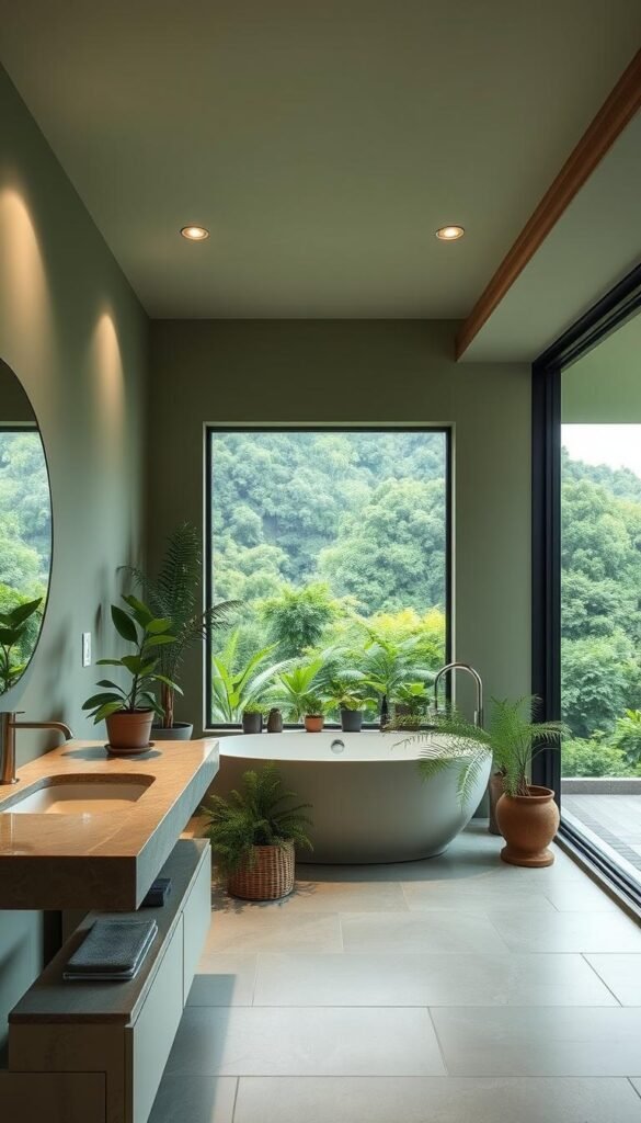 A serene, spa-like green bathroom with muted tones and natural elements. The foreground showcases a modern vanity with a stone countertop, a round mirror, and a potted plant. The middle ground features a freestanding bathtub surrounded by lush greenery, such as ferns and potted plants. Soft, diffused lighting from recessed ceiling fixtures creates a calming atmosphere. The background depicts a large window overlooking a verdant, serene landscape, blurring the line between indoors and outdoors. The overall design embodies a harmonious balance of nature, tranquility, and contemporary elegance. A serene, spa-like green bathroom with muted tones and natural elements. The foreground showcases a modern vanity with a stone countertop, a round mirror, and a potted plant. The middle ground features a freestanding bathtub surrounded by lush greenery, such as ferns and potted plants. Soft, diffused lighting from recessed ceiling fixtures creates a calming atmosphere. The background depicts a large window overlooking a verdant, serene landscape, blurring the line between indoors and outdoors. The overall design embodies a harmonious balance of nature, tranquility, and contemporary elegance.