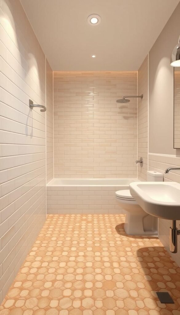 A serene, timeless bathroom featuring a stunning array of classic tile designs. In the foreground, gleaming subway tiles in a soothing neutral palette line the walls, their clean lines and uniform pattern exuding a sense of elegant simplicity. In the middle ground, a hexagonal mosaic floor in a complementary hue adds depth and visual interest, its intricate geometric pattern evoking a bygone era. The lighting casts a warm, ambient glow, accentuating the natural tones and textures of the tiles. The overall atmosphere is one of timeless sophistication, a space that will endure through the ages.