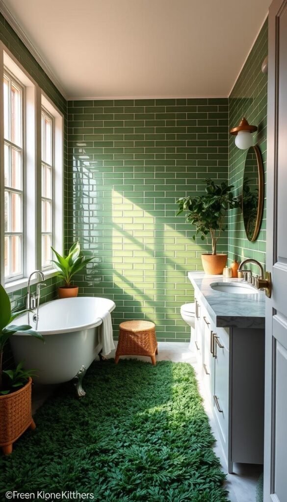 A serene, well-lit bathroom with lush green tile walls, a clawfoot tub, and a marble vanity. Soft, natural lighting filters in through large windows, casting a warm glow on the space. The floor is covered in a plush, forest-green rug, adding depth and texture. Potted plants and natural wood accents create a spa-like, harmonious ambiance. Sleek, minimalist fixtures in brushed nickel complement the verdant color scheme. The overall vibe is calming, elegant, and inviting, perfectly suited for a relaxing self-care retreat. A serene, well-lit bathroom with lush green tile walls, a clawfoot tub, and a marble vanity. Soft, natural lighting filters in through large windows, casting a warm glow on the space. The floor is covered in a plush, forest-green rug, adding depth and texture. Potted plants and natural wood accents create a spa-like, harmonious ambiance. Sleek, minimalist fixtures in brushed nickel complement the verdant color scheme. The overall vibe is calming, elegant, and inviting, perfectly suited for a relaxing self-care retreat.