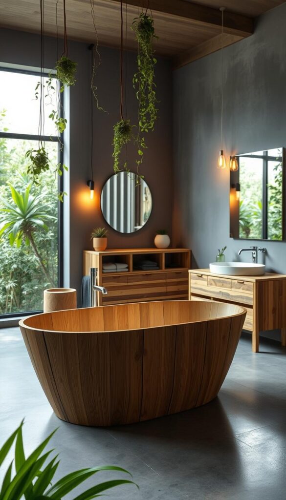A serene, well-lit bathroom with natural materials and eco-friendly fixtures. In the foreground, a large, freestanding bathtub made of sustainable bamboo sits atop a sleek, minimalist concrete floor. Hanging plants and a large window in the background provide a lush, nature-inspired ambiance. The middle ground features a vanity unit constructed from reclaimed wood, complemented by simple, modern faucets and storage solutions. Soft, diffused lighting from overhead fixtures casts a warm, inviting glow throughout the space, creating a calming and rejuvenating atmosphere for sustainable living.
