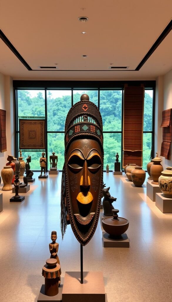 A serene, well-lit museum gallery showcasing an elegant curation of authentic African art. In the foreground, a stunning handcrafted wooden mask with intricate tribal patterns and bold colors takes center stage, illuminated by soft, warm lighting. Surrounding it are various sculptures and figurines in earthy tones, each with its own distinct cultural symbolism. In the middle ground, richly textured woven tapestries and hand-painted ceramic vessels line the walls, creating a harmonious display of artisanal craftsmanship. The background features large windows overlooking a lush, verdant landscape, adding a sense of natural tranquility to the space. The overall atmosphere conveys a deep respect and appreciation for the cultural heritage and artistic traditions of Africa. A serene, well-lit museum gallery showcasing an elegant curation of authentic African art. In the foreground, a stunning handcrafted wooden mask with intricate tribal patterns and bold colors takes center stage, illuminated by soft, warm lighting. Surrounding it are various sculptures and figurines in earthy tones, each with its own distinct cultural symbolism. In the middle ground, richly textured woven tapestries and hand-painted ceramic vessels line the walls, creating a harmonious display of artisanal craftsmanship. The background features large windows overlooking a lush, verdant landscape, adding a sense of natural tranquility to the space. The overall atmosphere conveys a deep respect and appreciation for the cultural heritage and artistic traditions of Africa.