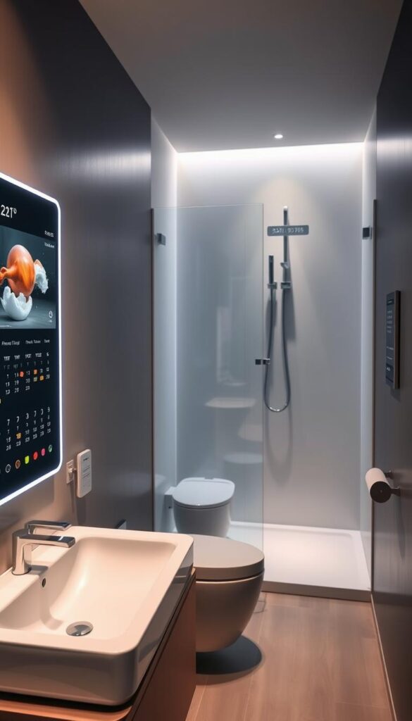 A sleek, minimalist bathroom with cutting-edge smart technology. In the foreground, a state-of-the-art touchscreen vanity mirror displaying weather, news, and personal calendar. In the middle ground, a motion-activated self-cleaning toilet and a voice-controlled smart shower system with customizable temperature and lighting. The background showcases a modern, wall-mounted touchpad that controls the entire bathroom's climate, lighting, and audio. The overall atmosphere is one of seamless technological integration, creating a high-tech, yet serene and spa-like ambiance.