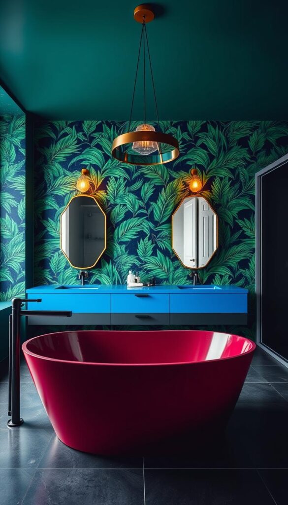 A sleek, modern bathroom with bold, vibrant colors. The foreground features a large, freestanding bathtub in a deep, rich burgundy hue, surrounded by minimalist black fixtures and tiles. The middle ground showcases a vanity with a bold, electric blue countertop and a pair of geometric, brass-framed mirrors. The background is adorned with a dramatic, tropical-inspired wallpaper in shades of emerald green and sapphire blue, creating a lush, spa-like atmosphere. Overhead, a statement pendant light casts a warm, ambient glow, highlighting the dynamic color palette and clean, contemporary design. The scene is captured with a wide-angle lens, emphasizing the overall sense of space and opulence.