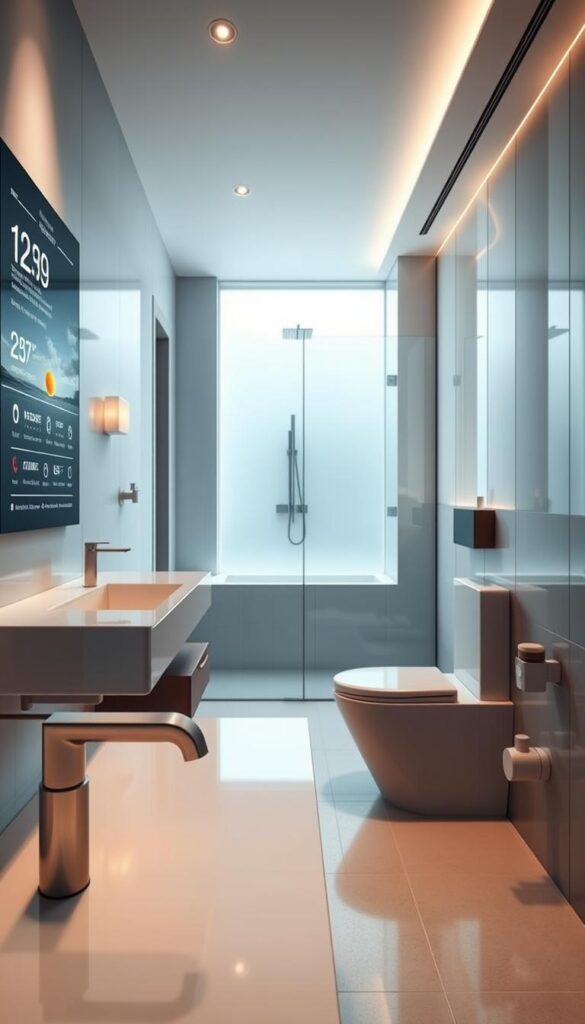 A sleek, modern bathroom with cutting-edge smart technology. In the foreground, a touchscreen mirror displays weather, calendar, and voice-controlled lighting and music. On the vanity, a futuristic faucet with motion sensors and temperature control. The middle ground features a high-tech shower with digital controls, customizable lighting, and built-in speakers. In the background, a smart toilet with self-cleaning features and automatic flushing. Diffused, ambient lighting casts a warm, futuristic glow, while large windows provide natural illumination. Minimalist, geometric tiles and a floating vanity create a clean, sophisticated aesthetic. The overall mood is one of seamless, intuitive technology blending effortlessly with elegant design.