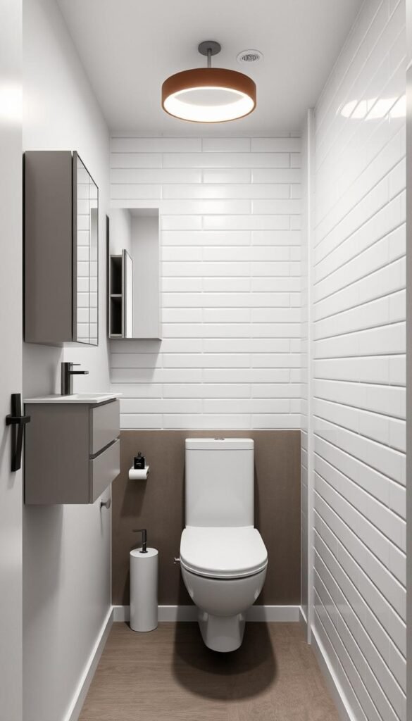 A sleek, modern bathroom with minimalist, space-saving fixtures. In the foreground, a wall-mounted vanity with a small sink and compact storage drawers. Above it, a recessed medicine cabinet with mirrored doors. In the middle ground, a minimalist, wall-mounted toilet with a slim profile. Overhead, a circular LED light fixture casts a warm, ambient glow. In the background, white subway tiles line the walls, creating a clean, streamlined aesthetic. The overall mood is one of efficiency and understated elegance, perfect for a small bathroom. A sleek, modern bathroom with minimalist, space-saving fixtures. In the foreground, a wall-mounted vanity with a small sink and compact storage drawers. Above it, a recessed medicine cabinet with mirrored doors. In the middle ground, a minimalist, wall-mounted toilet with a slim profile. Overhead, a circular LED light fixture casts a warm, ambient glow. In the background, white subway tiles line the walls, creating a clean, streamlined aesthetic. The overall mood is one of efficiency and understated elegance, perfect for a small bathroom.