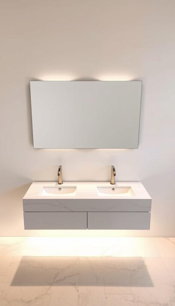 A sleek, modern double sink vanity with a luxurious marble countertop, illuminated by warm, indirect lighting. The vanity is positioned against a minimalist, tiled wall, creating a crisp, clean aesthetic. The sinks are undermounted, seamlessly integrated into the countertop, and the faucets are contemporary, brushed-metal fixtures. The vanity features clean, horizontal lines and a floating design, giving it a lightweight, suspended appearance. The mirror above the vanity is large and frameless, complementing the overall minimalist style. The scene is captured from a slightly elevated angle, showcasing the vanity's elegant proportions and the balanced, harmonious composition of the space. A sleek, modern double sink vanity with a luxurious marble countertop, illuminated by warm, indirect lighting. The vanity is positioned against a minimalist, tiled wall, creating a crisp, clean aesthetic. The sinks are undermounted, seamlessly integrated into the countertop, and the faucets are contemporary, brushed-metal fixtures. The vanity features clean, horizontal lines and a floating design, giving it a lightweight, suspended appearance. The mirror above the vanity is large and frameless, complementing the overall minimalist style. The scene is captured from a slightly elevated angle, showcasing the vanity's elegant proportions and the balanced, harmonious composition of the space.