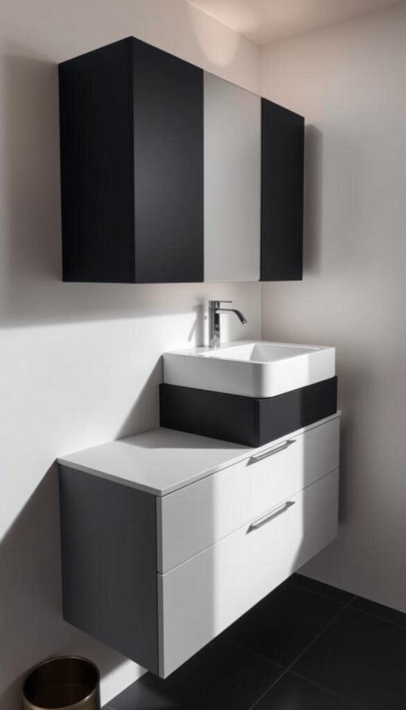 A sleek, space-saving bathroom vanity with a minimalist, modern design. The vanity is mounted on the wall, freeing up floor space in a compact bathroom. It features a streamlined, floating design with a rectangular sink basin integrated into the countertop. The vanity's drawers and cabinets provide ample storage, while the matte black or white finish creates a clean, contemporary aesthetic. Soft, diffused lighting illuminates the vanity, creating a warm and inviting atmosphere. The scene is captured from a slightly elevated angle, showcasing the vanity's elegant proportions and seamless integration into the bathroom's overall design. A sleek, space-saving bathroom vanity with a minimalist, modern design. The vanity is mounted on the wall, freeing up floor space in a compact bathroom. It features a streamlined, floating design with a rectangular sink basin integrated into the countertop. The vanity's drawers and cabinets provide ample storage, while the matte black or white finish creates a clean, contemporary aesthetic. Soft, diffused lighting illuminates the vanity, creating a warm and inviting atmosphere. The scene is captured from a slightly elevated angle, showcasing the vanity's elegant proportions and seamless integration into the bathroom's overall design.