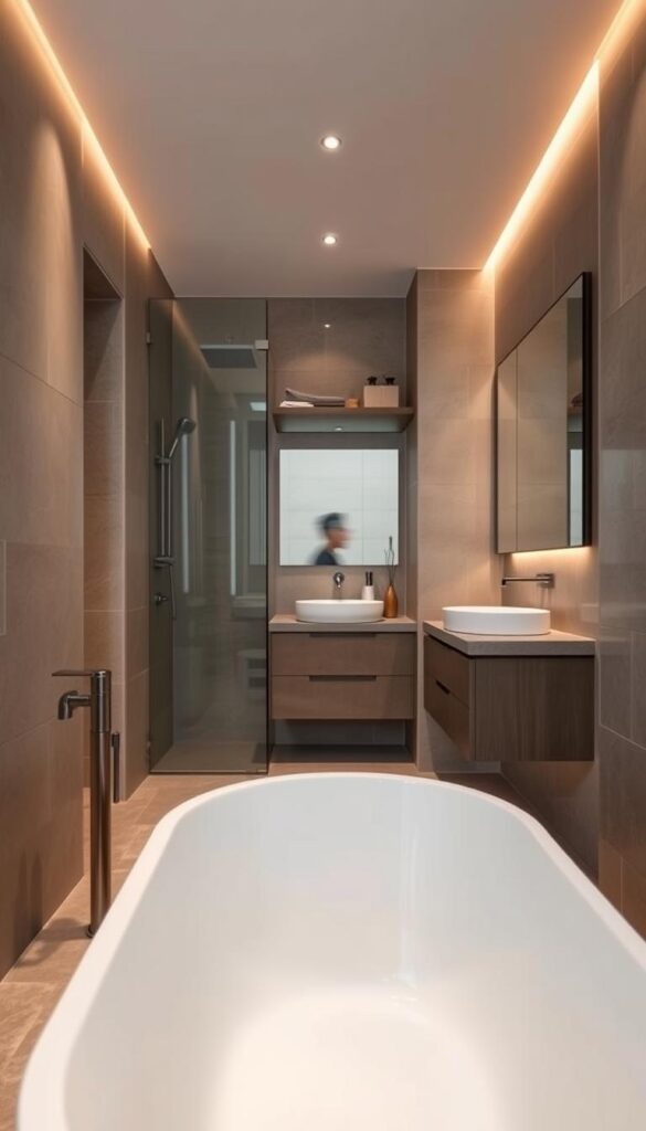 A small, cozy bathroom undergoing a serene transformation. Soft, warm lighting casts a gentle glow, illuminating the sleek, minimalist design. The foreground features a freestanding bathtub, its smooth, sculptural lines complemented by natural stone tiles. The middle ground showcases a floating vanity with a recessed basin, accompanied by a large, frameless mirror that reflects the space. In the background, a discreet, rain-style shower enclosure blends seamlessly with the overall aesthetic. The color palette is muted, with earthy tones and natural textures creating a calming, spa-like ambiance. The composition emphasizes balance, proportion, and a sense of tranquility, perfectly capturing the essence of a bathroom transformation for a cozy, inviting space.