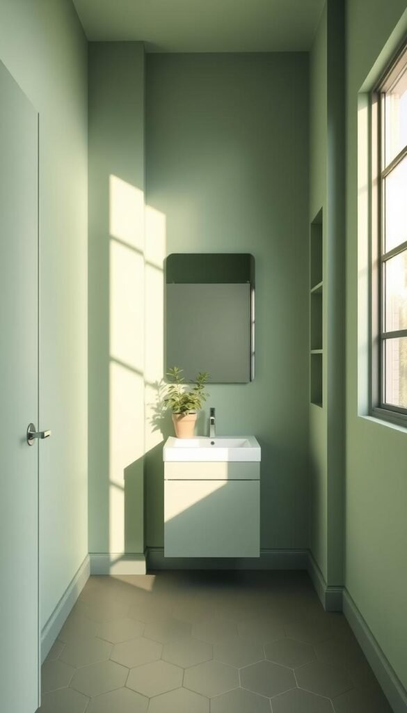 A small, cozy green bathroom with natural light streaming through a large window. The walls are painted in a soothing mint hue, creating a calming and serene atmosphere. The floor is covered in smooth, hexagonal tiles in a complementary olive green shade. A minimalist vanity with a simple white sink and chrome fixtures stands against the wall, accented by a lush potted plant. The room is bathed in a soft, diffused lighting, casting a warm glow and highlighting the clean, contemporary design. Sleek, recessed shelves on the side wall provide discreet storage, while a large mirror reflects the space, making it feel more open and airy. The overall impression is one of a well-designed, efficient and visually pleasing small green bathroom that maximizes the available space. A small, cozy green bathroom with natural light streaming through a large window. The walls are painted in a soothing mint hue, creating a calming and serene atmosphere. The floor is covered in smooth, hexagonal tiles in a complementary olive green shade. A minimalist vanity with a simple white sink and chrome fixtures stands against the wall, accented by a lush potted plant. The room is bathed in a soft, diffused lighting, casting a warm glow and highlighting the clean, contemporary design. Sleek, recessed shelves on the side wall provide discreet storage, while a large mirror reflects the space, making it feel more open and airy. The overall impression is one of a well-designed, efficient and visually pleasing small green bathroom that maximizes the available space.