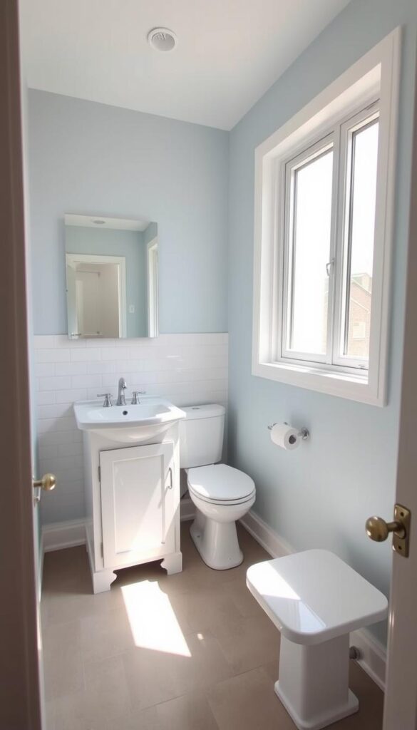 A small, modestly-furnished bathroom with a clean, minimalist aesthetic. Bright, natural lighting streams in through a large window, casting a soft, warm glow. The walls are painted a soothing shade of pale blue, complemented by crisp white subway tiles. A simple vanity with a sleek porcelain sink and chrome fixtures stands at the center, flanked by a basic mirror and a modest storage cabinet. A compact, low-profile toilet is positioned discreetly in the corner. The floor is covered in durable, budget-friendly vinyl tiles in a neutral tone. Subtle, energy-efficient lighting fixtures provide subtle illumination. The overall atmosphere is one of understated elegance and practicality, reflecting a cost-conscious yet stylish approach to bathroom renovation.