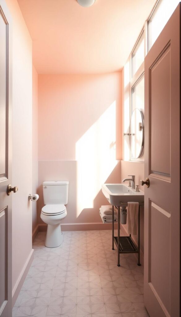 A small, well-lit bathroom with a clean, minimalist aesthetic. The walls are painted in soft, pastel shades that create an illusion of depth and spaciousness. The tile floor features a subtle, geometric pattern in complementary hues, drawing the eye upward. Fixtures and hardware in muted metallic tones add a touch of sophistication. Natural light streams in through a large window, casting a warm, golden glow and highlighting the carefully curated color palette. The overall atmosphere is serene, calming, and visually expansive, inviting the viewer to linger and unwind.