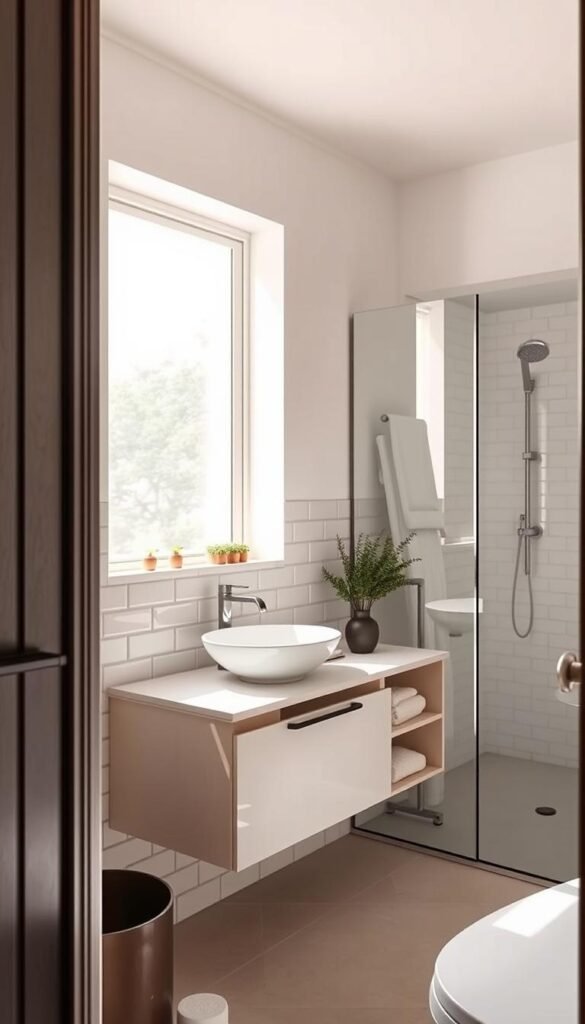 A small, yet meticulously designed bathroom with a clean, minimalist aesthetic. The scene is bathed in soft, natural light filtering through a large window, casting a warm glow on the pale, subway-tiled walls. A sleek, floating vanity with a minimalist vessel sink anchors the space, complemented by a large, frameless mirror that visually expands the room. The room is accented with touches of greenery and muted metallic fixtures, creating a serene and spa-like atmosphere. The layout is efficient, with carefully placed storage solutions maximizing the limited square footage. The overall impression is one of calm, sophistication, and a clever use of space. A small, yet meticulously designed bathroom with a clean, minimalist aesthetic. The scene is bathed in soft, natural light filtering through a large window, casting a warm glow on the pale, subway-tiled walls. A sleek, floating vanity with a minimalist vessel sink anchors the space, complemented by a large, frameless mirror that visually expands the room. The room is accented with touches of greenery and muted metallic fixtures, creating a serene and spa-like atmosphere. The layout is efficient, with carefully placed storage solutions maximizing the limited square footage. The overall impression is one of calm, sophistication, and a clever use of space.